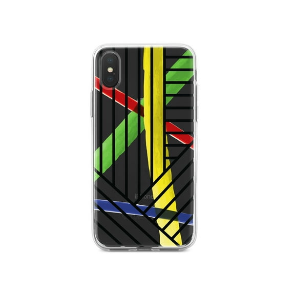 DistinctInk Clear Shockproof Hybrid Case for iPhone XR (6.1" Screen) - TPU Bumper, Acrylic Back, Tempered Glass Screen Protector - Abstract Lines and Paint Swatches