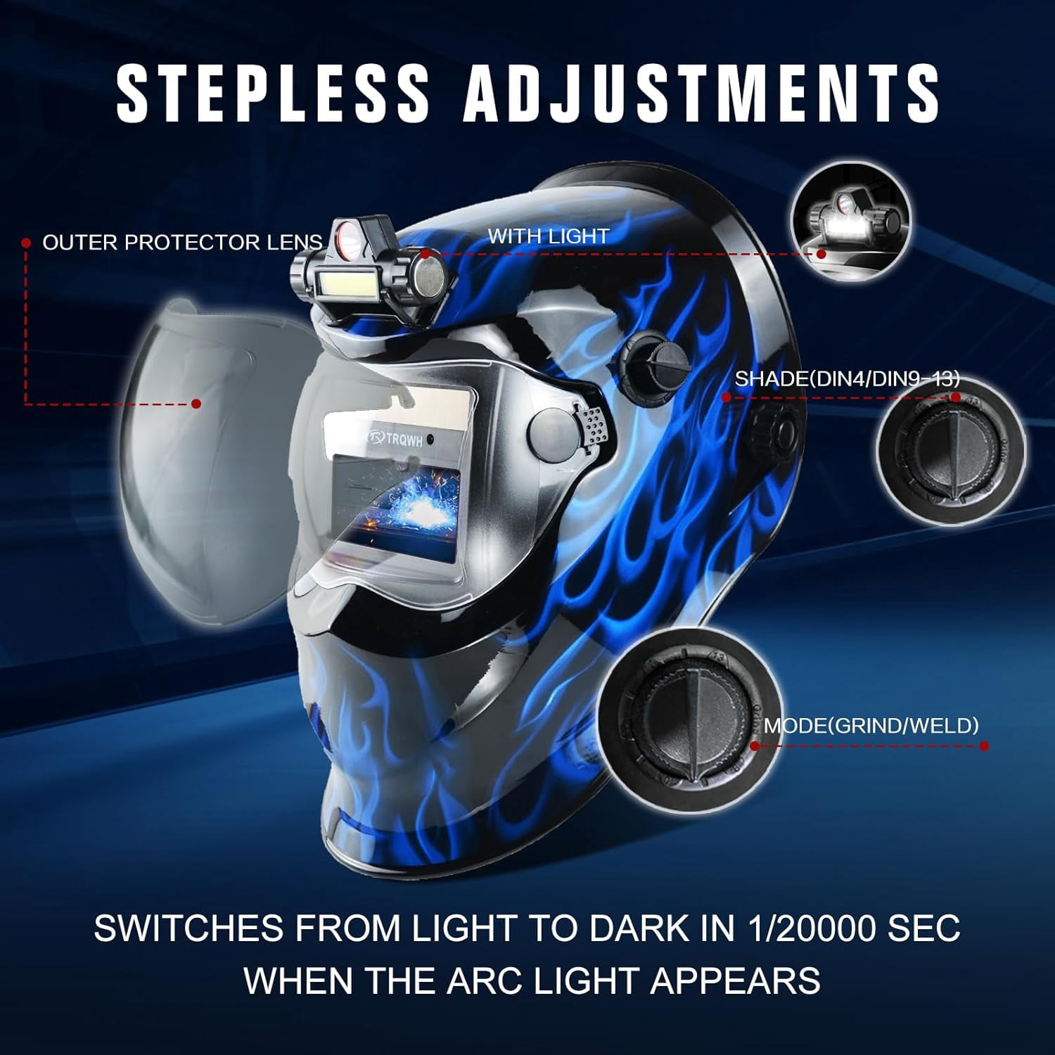 Welding Helmets for Men True Color Welding Hood Auto Darkening with Light, Solar Power 2 Arc Sensor Wide Shade 9-13 Welding Mask with Extra Grinding Mode (Blue Fire)