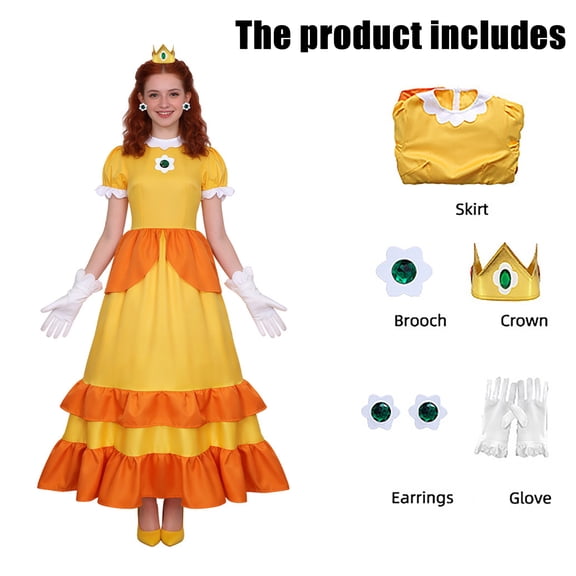 Zydvens Women's Princess Cosplay Dress - Adult Yellow Puff Sleeve Daisy Petal Collar Ball Gown - Ladies Video Game Character Costume with Crown Gloves Accessories Set