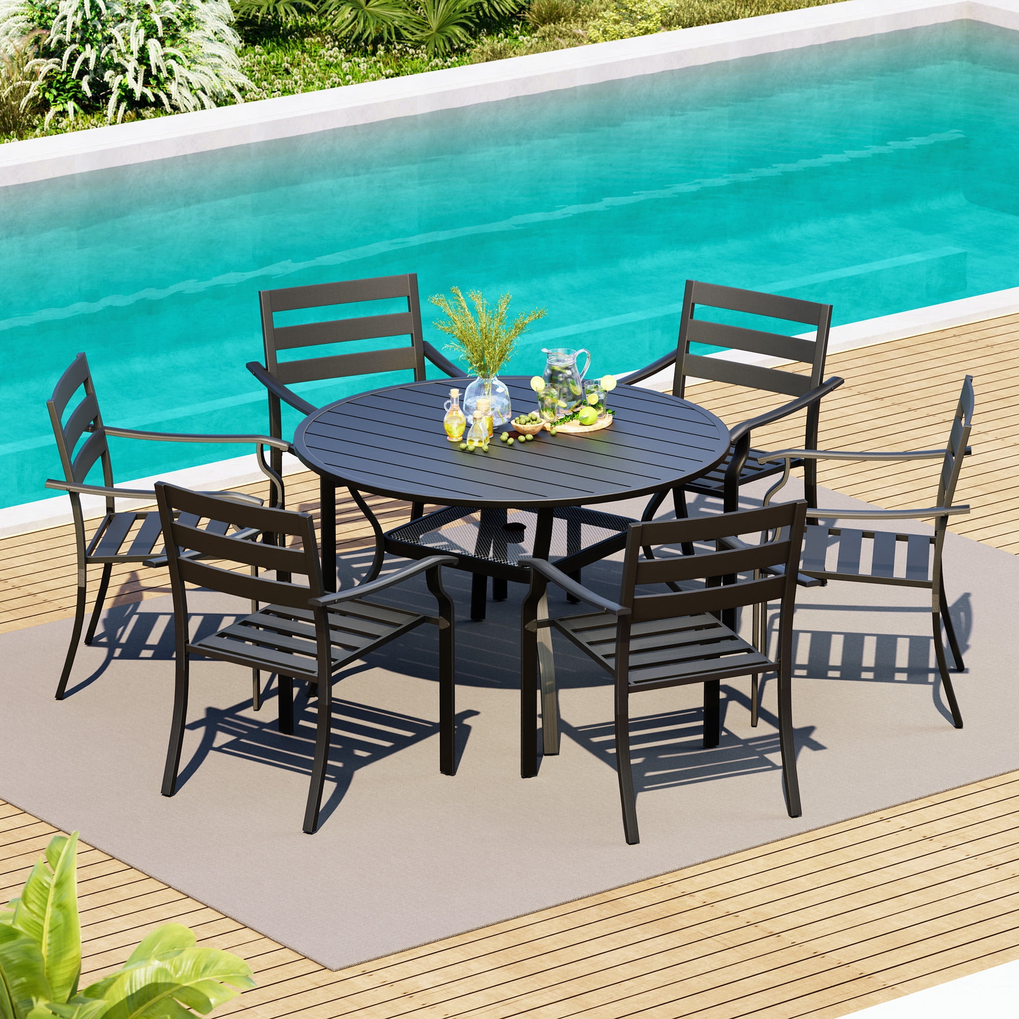 Homrest 7 Piece Metal Outdoor Dining Set with Round Table and Stackable Chairs, Black