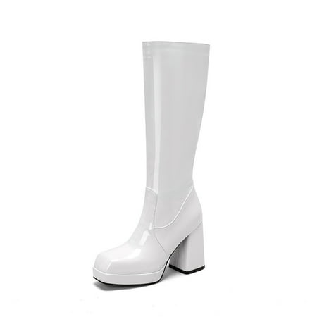 

Women‘s Side Zip Chunky Heeled Knee High Boots Patent Leather Waterproof Anti-slip Long Boots