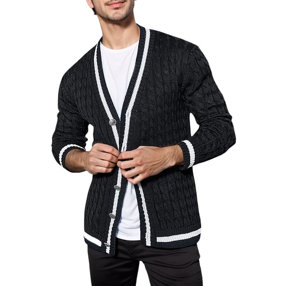 VNKIDY Men's Sweater Coat Autumn Winter Slim Fit Solid Color Cable Knit V Neck Cardigan Long Sleeve Contrast Stripes Button Front Thermal Sweater For Cold Weather Outdoor Wear Holiday Knitwear