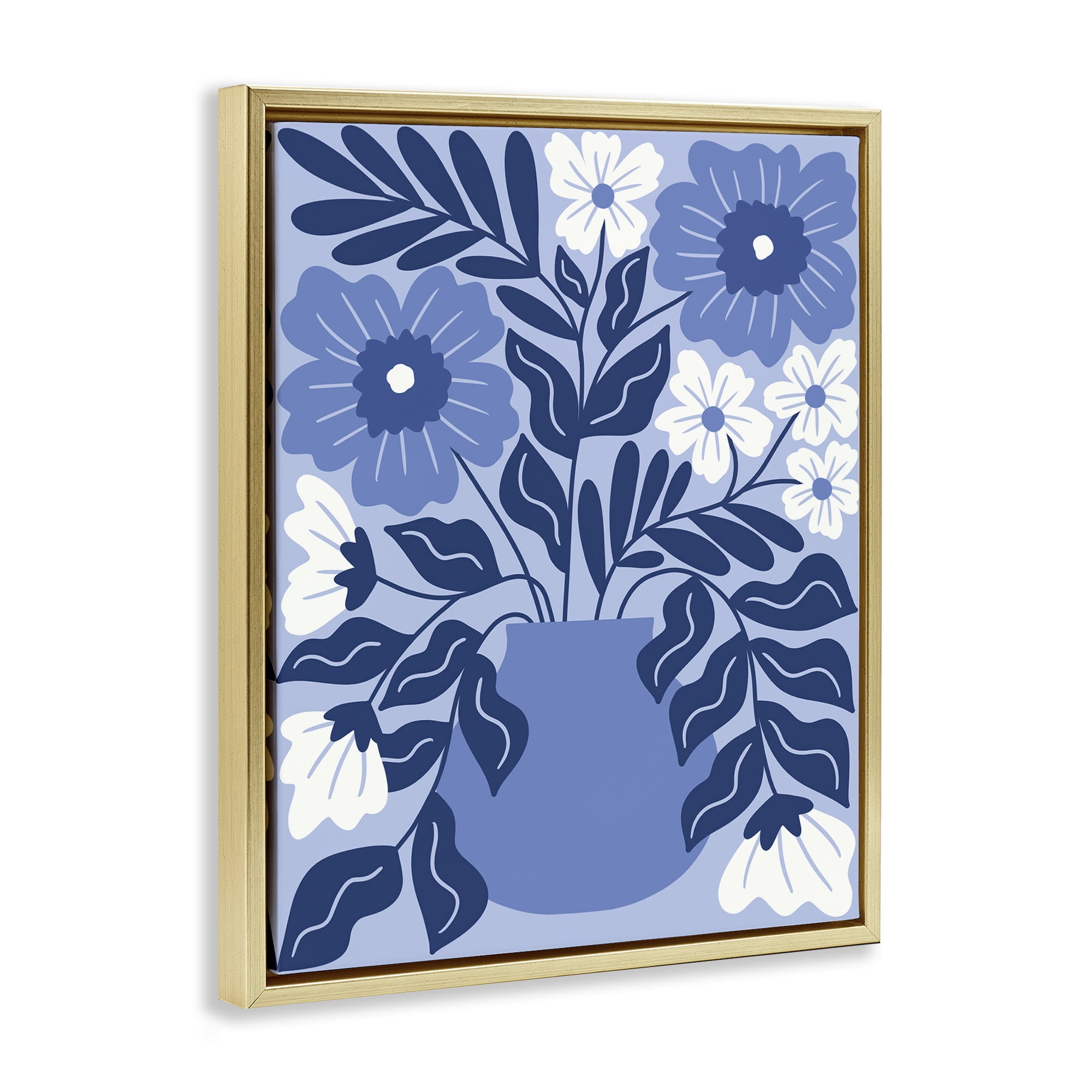 Stupell Industries Funky Blue Florals Plants & Flowers Painting Gold Floater Framed Canvas Art Print Wall Art, 17 x 21