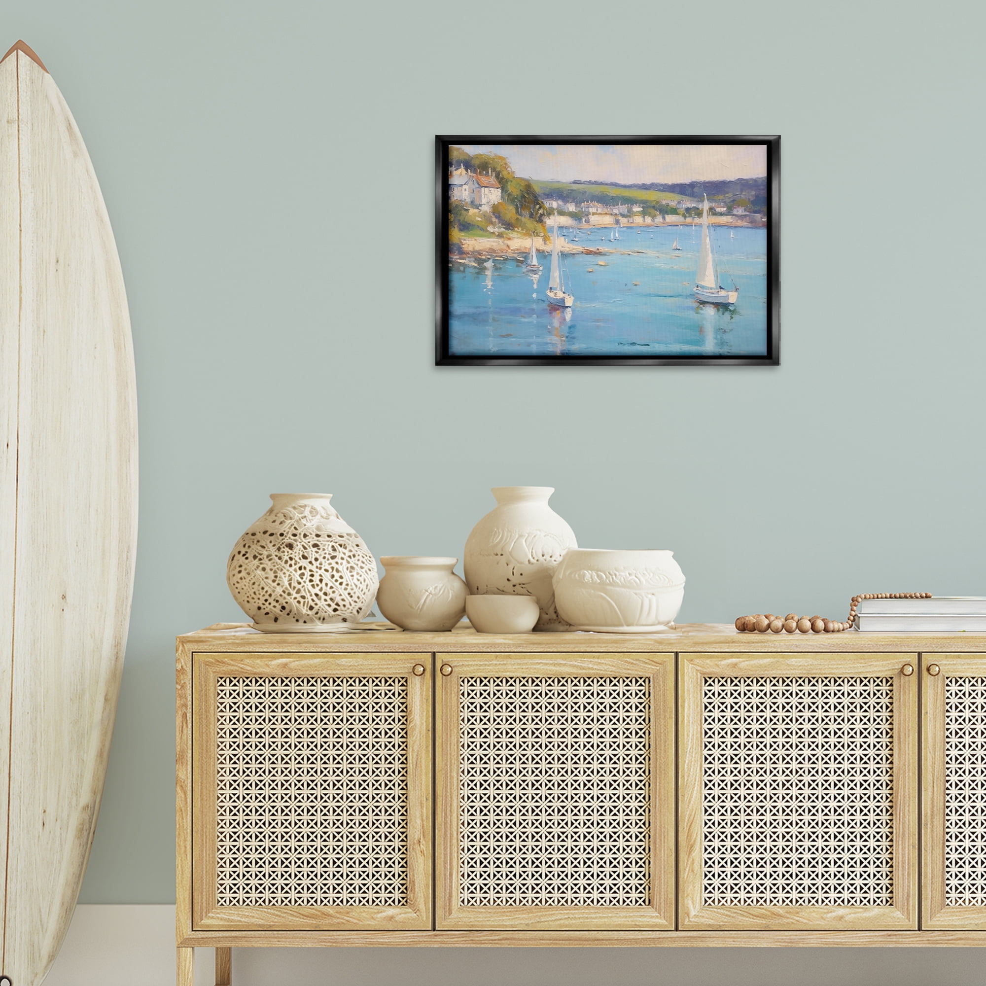 Stupell Industries Sailboats Of The Shore Nautical & Beach Painting Black Floater Framed Canvas Art Print Wall Art, 25 x 17