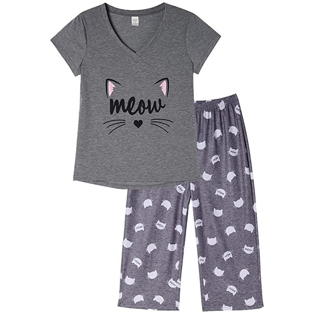 MyFav Women's Capri Pajama Sets Plus Size Sleepwear Top with Capri Pants 2 Piece Loungewear Set