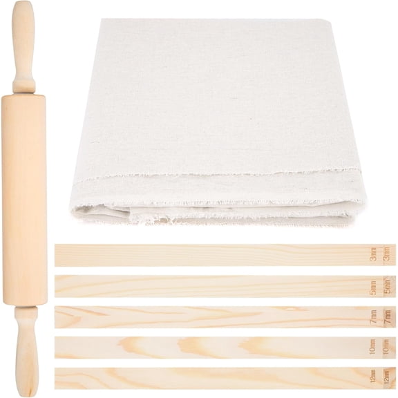12 Pcs Pottery Tools Kit with Wood Rolling Pin & Slab Roller, 10 Pcs Rolling Mud Stick Guides for Pottery Teaching，and One Linen Tablecloth for Ceramic Clay Projects