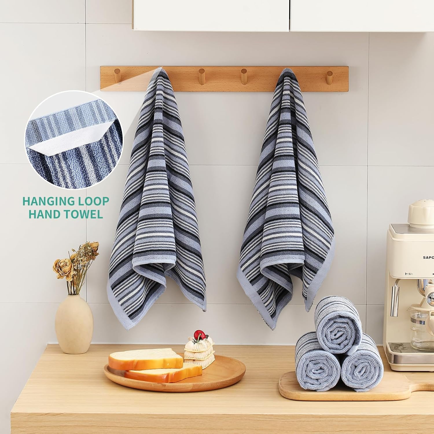 KitchenKey Premium Cotton Kitchen Dish Towels for Drying Dishes,Large Long Kitchen Hand Towels, Thick Highly Absorbent Dish Clothes Tea Towel Sets with Hanging Loop, 16" X 26", 4 Pcs, Blue