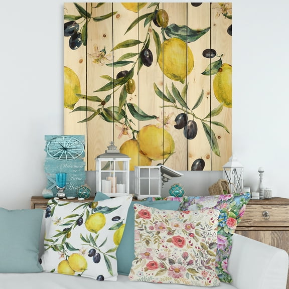 Designart 'Olive and Lemon Branches II' Tropical Print on Natural Pine Wood