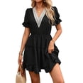 thumbnail image 3 of Women Summer Mini Dress Chiffon Cutout Ruffle V-Neck Puff Sleeve Dresses Dot Boho Sundresses Black L, 3 of 9