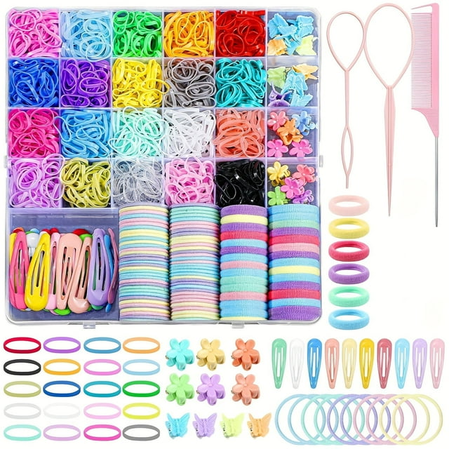 YOPTOP Ultimate Hair Styling Kit - 1543/1544pcs Elastic Bands In 20 Vibrant Colors With Storage Box Includes Rat Tail Combs & Butterfly Clips For Women And Girls,1543pcs