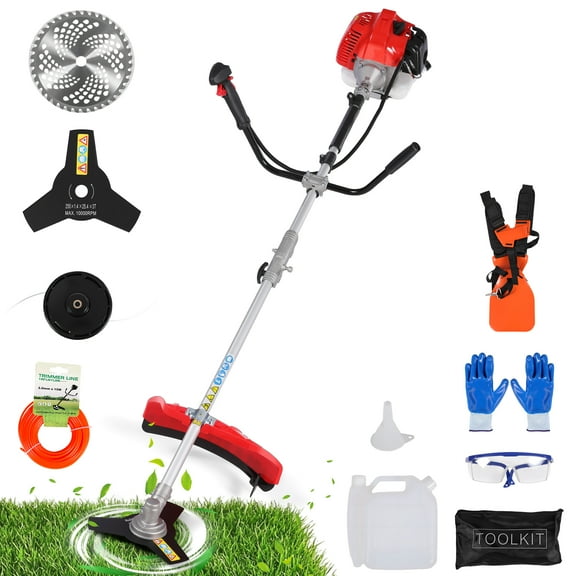 52cc 2-Cycle Gas Weed Wacker w/Shoulder Strap, 3-in-1 10" Brush Cutter & 18" Cordless String Trimmer Gas Powered, 3.0HP Heavy-Duty Gas Weed Trimmer for
Lawn Grass Cutting