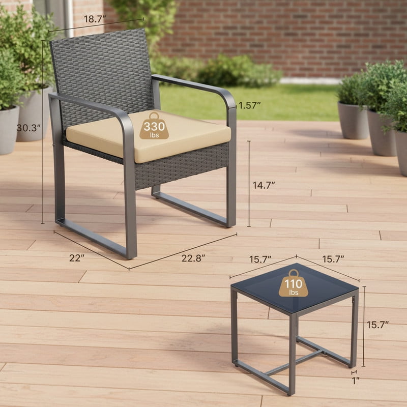 3 Piece All-Weather PE Rattan Patio Bistro Set, Outdoor Wicker Patio Furniture Set, Conversation Chairs with Tempered Glass Table for Balcony Yard Poolside Garden, Beige