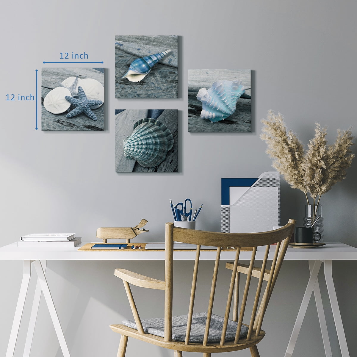 Wexford Home Beach Wall Décor Seashell Picture Prints Set of 4 Canvas Wall Art 24 x 24 inches Each Solid Wood Artwork for Cabin Home Office