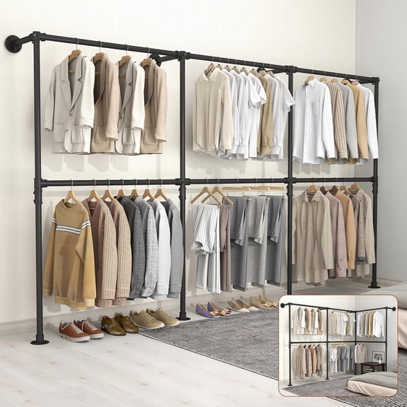 114.4" Industrial Pipe Clothing Rack for Wall Adjustable Height Wall Mounted Clothes Rack for Hanging Clothes, Heavy Duty Walk in Closet Systems, Garment Racks with Double Rods (Three, Black)
