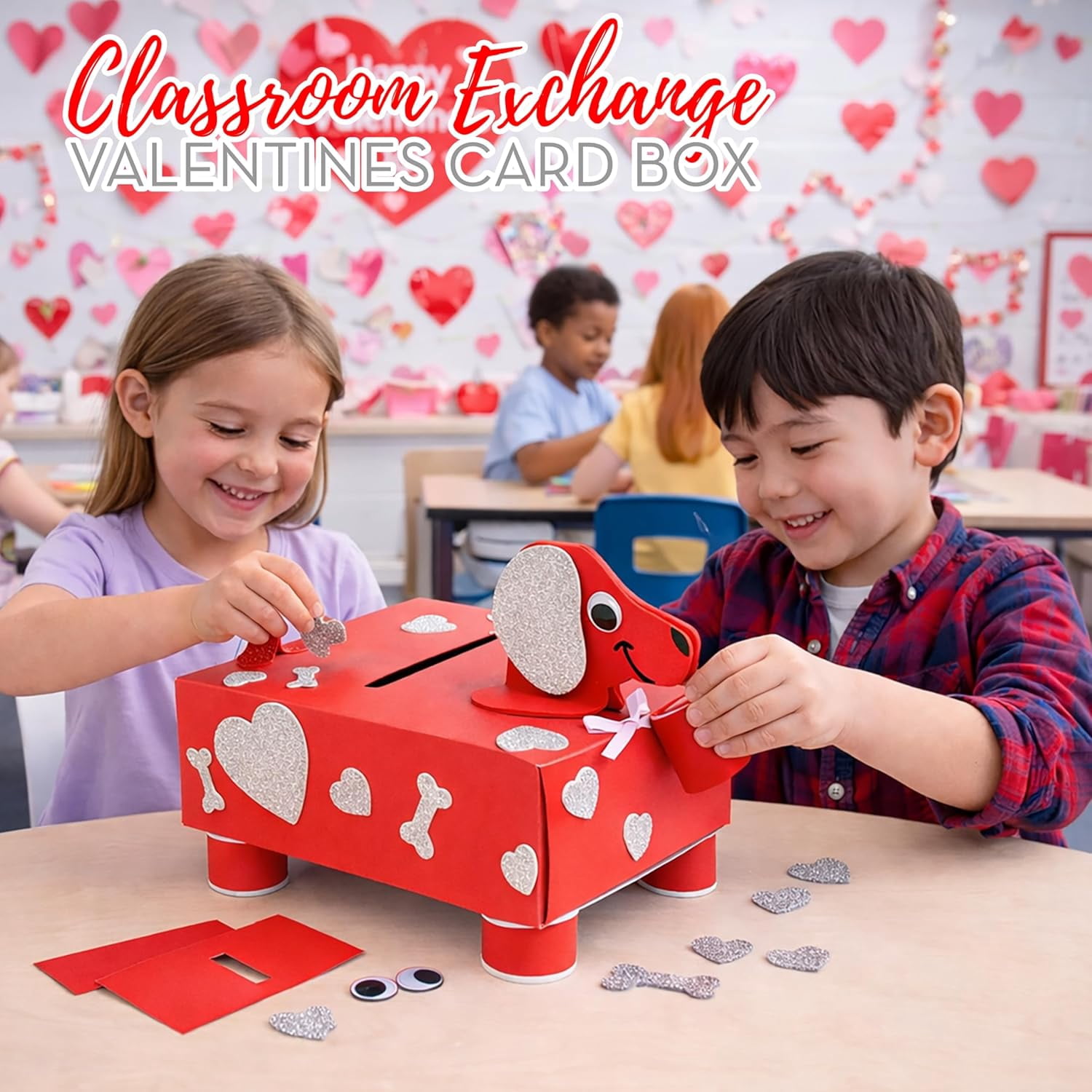 4E's Novelty DIY Dog Valentine Mailbox Kit Kids Classroom Card Box Foam Stickers Craft