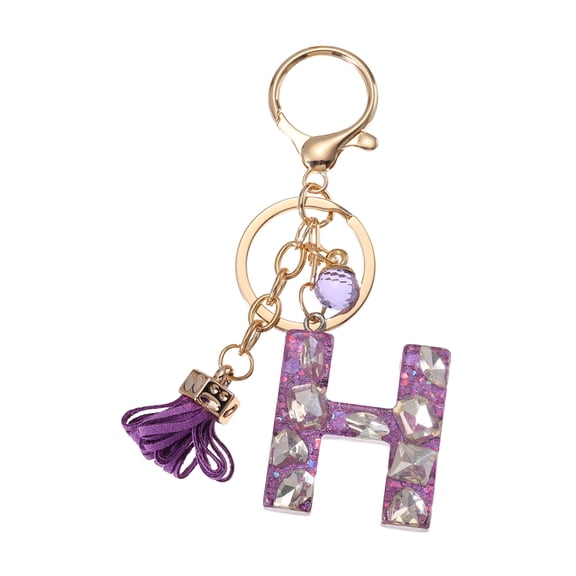 Initial Letter Keychain, Cute Alphabet Letter-H Charm with Tassel Ball, Purple