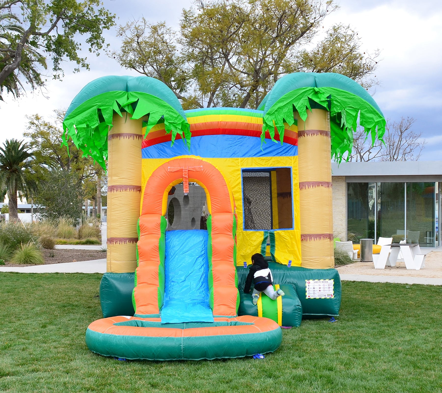 HeroKiddo BOUNCY Tropical Breeze Commercial Grade Vinyl Bounce House Water Slide, with Basketball Hoop, Detachable Pool, Indoor Outdoor