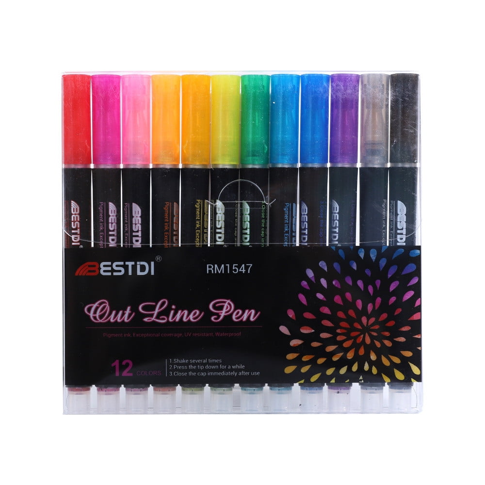 12 Colors Golden Double Lines Art Markers Out line Pen Stationery Art  Drawing Pens for Calligraphy Lettering Color Scrapbooking