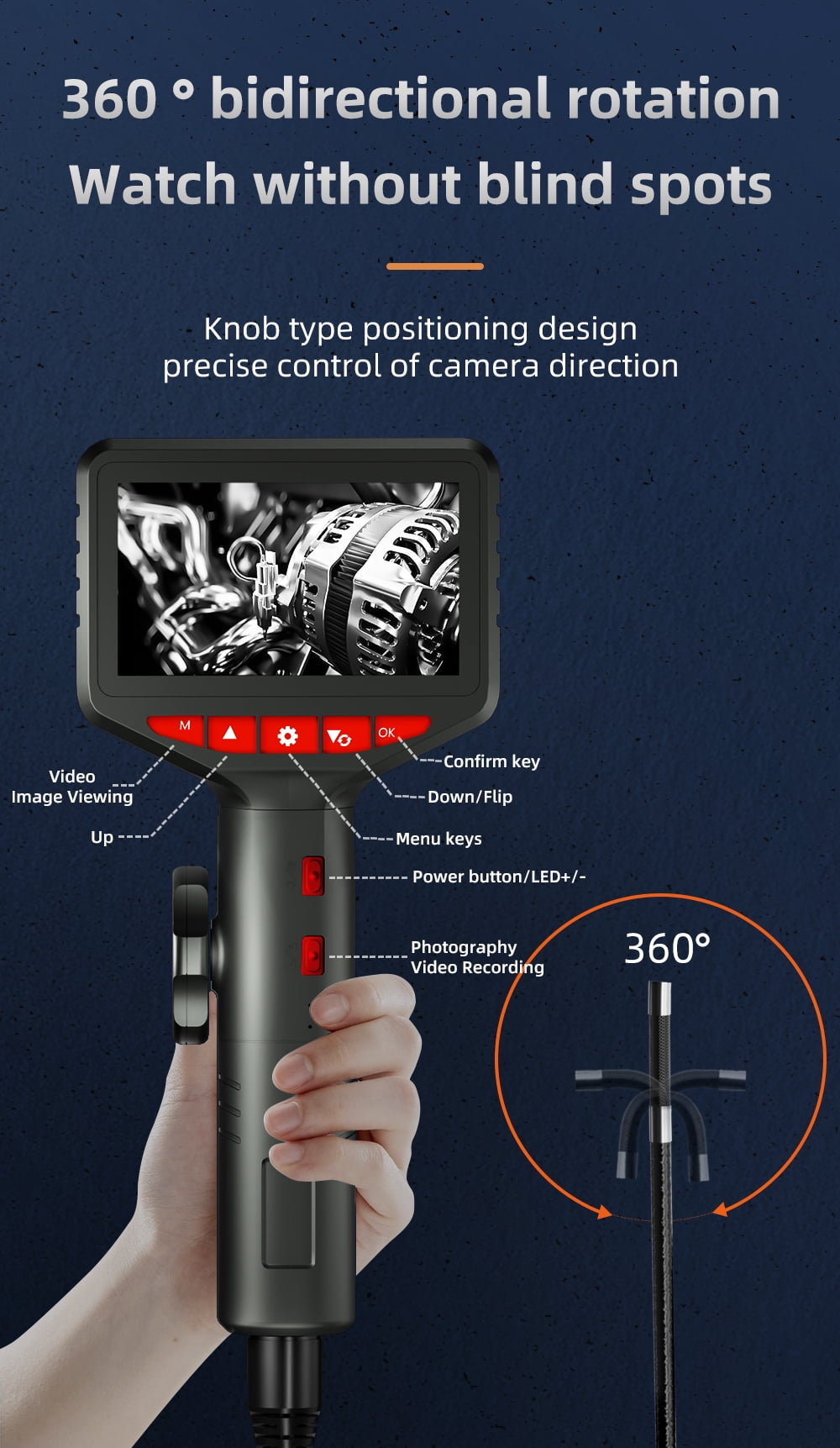 6mm Two-Way Articulating Borescope Industrial Endoscope with 1M Articulated Snake Camera Video Inspection Scope 4.3inch