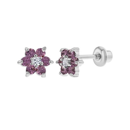Rhodium Plated Purple Lavender Crystal Flower Screw Back Kids Baby Girl Earrings