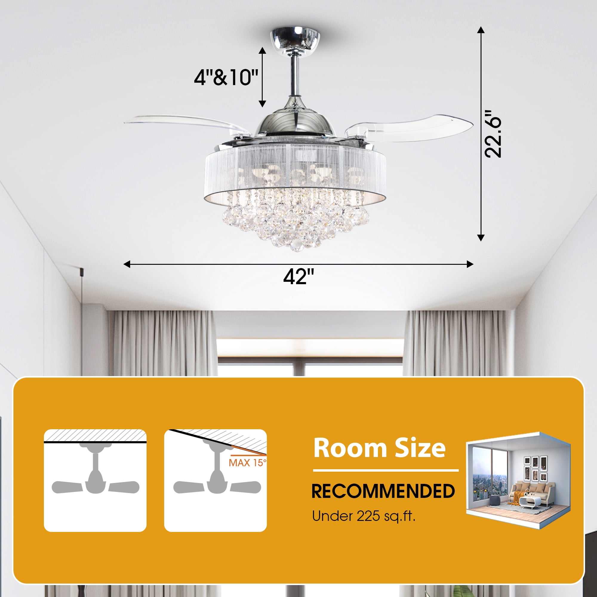 Parrot Uncle Smart Ceiling Fan with Light 42 inch  Modern Crystal Chandelier Ceiling Fan with LED Light, Compatible with Alexa