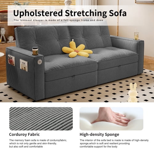 73" 2-in-1 Convertible Sofa Bed, Corduroy Two-Seater Sleeper Sofa with Pull-Out Guest Bed, Steel Frame, for Living Room, Bedroom, Apartment & Dorm, Grey