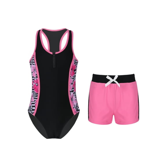 CHICTRY Girls 2-pc Printed Swimsuit Swimming Jumpsuit with Shorts Beachwear Floral Pink 12