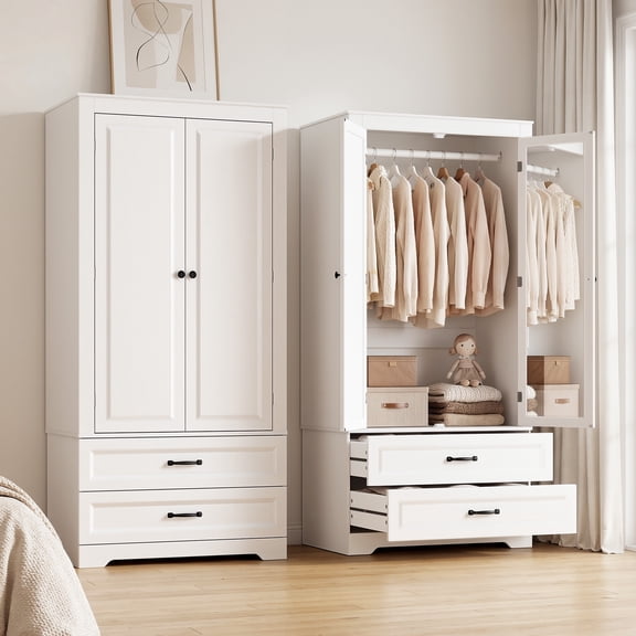 Asofer Wooden Armoire Wardrobe with Full-Length Mirror & 2 Drawers, 2 Doors, Hanging Rod, Anti-tip, Adjustable Mirror Position (Left/Right), freestanding Wardrobe for Bedroom, White