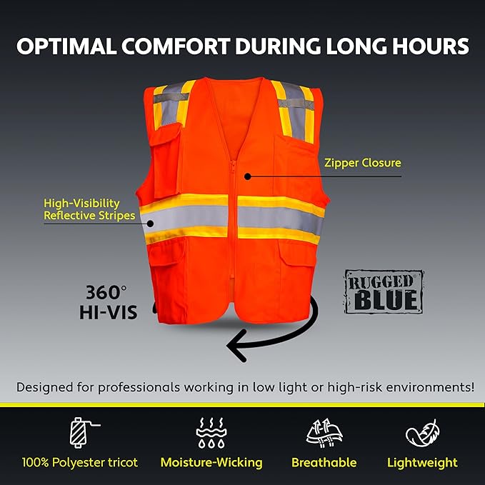Type R Class 2 High-Vis Two-Tone Surveyor Safety Vest for Men | ANSI Certified Reflective Mens Safety Vest for Construction & Municipal Work | Durable Polyester Tricot, 11 Pockets, Mic Tabs, HVO-S