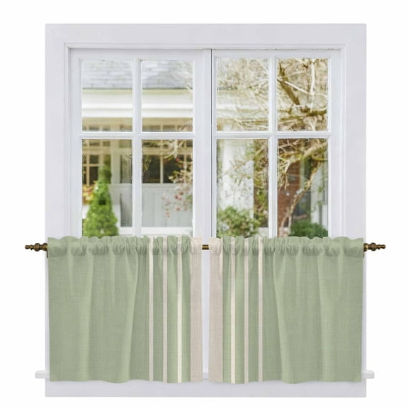 Sage Green Beige Striped Tier Curtains, Modern Farmhouse Retro Lines Light Filtering Kitchen Curtains, 2Pcs Rod Pocket Half Window Treatments Panels for Sink Cafe Cabinet Camper 27.5x36 Inches