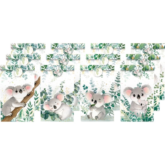 Koala Theme Party Paper Bags - 12 Pack Cute Jungle Design with DIY Decorative Stickers for Celebrations
