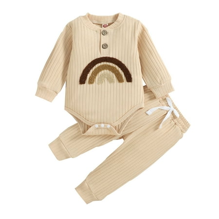 

Zlekejiko Boys Girls Long Sleeve Ribbed Rainbow Romper Bodysuits Pants Outfits