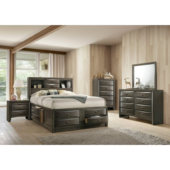 Transitional Style Queen Size 6 Pieces Bedroom Set Bed Dresser Mirror Nightstand Chest Storage Drawers Gray Finish Wooden Furniture