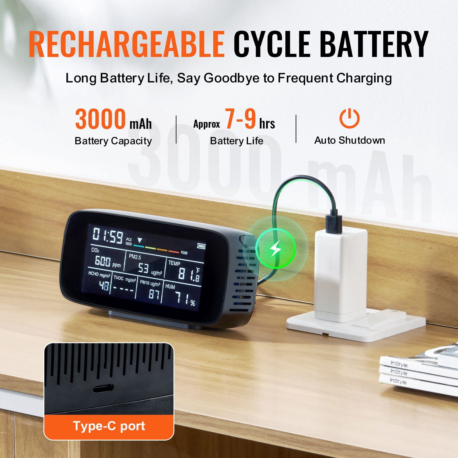 9 in 1 Air Quality Monitor Indoor CO2 Detector with PM2.5 PM1.0 PM10 TVOC HCHO AQI Temperature Humidity Display, Portable Rechargeable Air Tester for Home Office Car Classroom Bedroom
