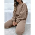 thumbnail image 2 of Traje de sudadera para mujer Color puro Manga larga Cuello redondo Cierre con cordón Cintura elástica Pantalones Conjunto con bolsillos Caqui L, 2 of 6