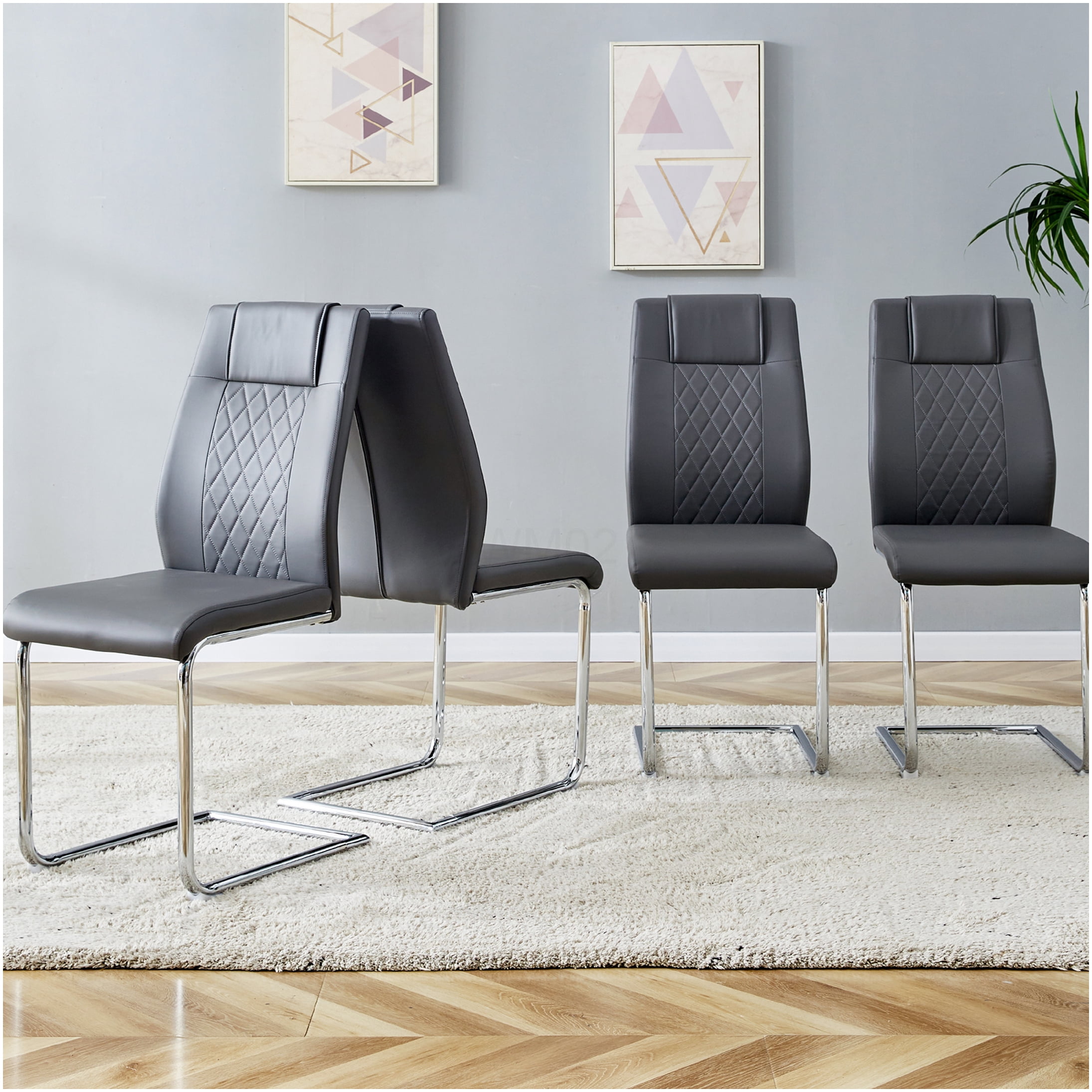 Modern PU Leather Dining Chairs Set of 8, Grey Upholstered Side Chairs with Padded Seat and Sturdy Metal Legs for Kitchen Dining Room