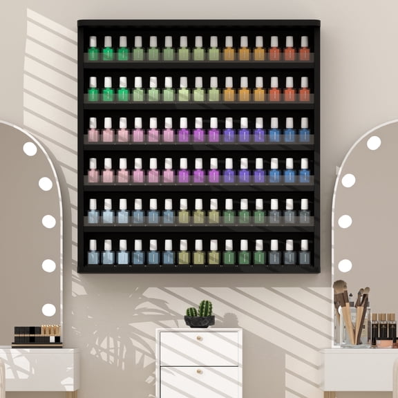 Katalora 6-Tier Wall-Mounted Nail Polish Rack, 23.63" Wooden Nail Polish Organizer Display Shelf for Salon, Vanity & Home Manicure Room