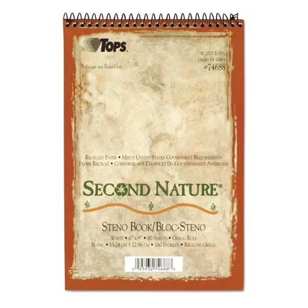 New Tops Second Nature Spiral Reporter/Steno Book Gregg 6 x 9 White 80 Sheets 74688