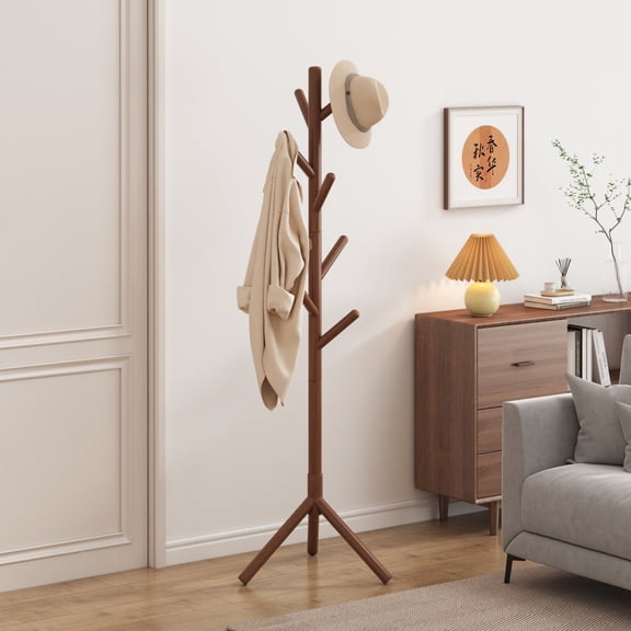 Behome Wooden Coat Rack, Solid Freestanding Coat Rack with 8 Hooks and 3 Adjustable Size, Hall Coat Tree for Bedroom, Entryway, Living Room, for Hats, Coats, Handbags, Brown