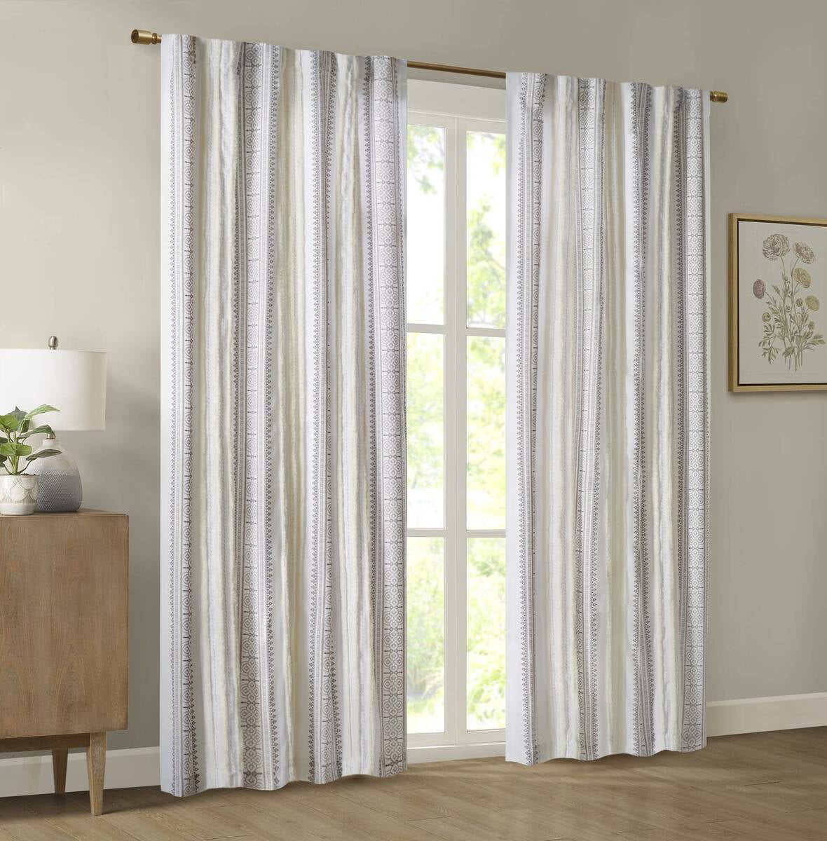 MAYEERTY 50x84" Poly Printed Curtain Panel with Tufted Stripe and Lining White/Brown