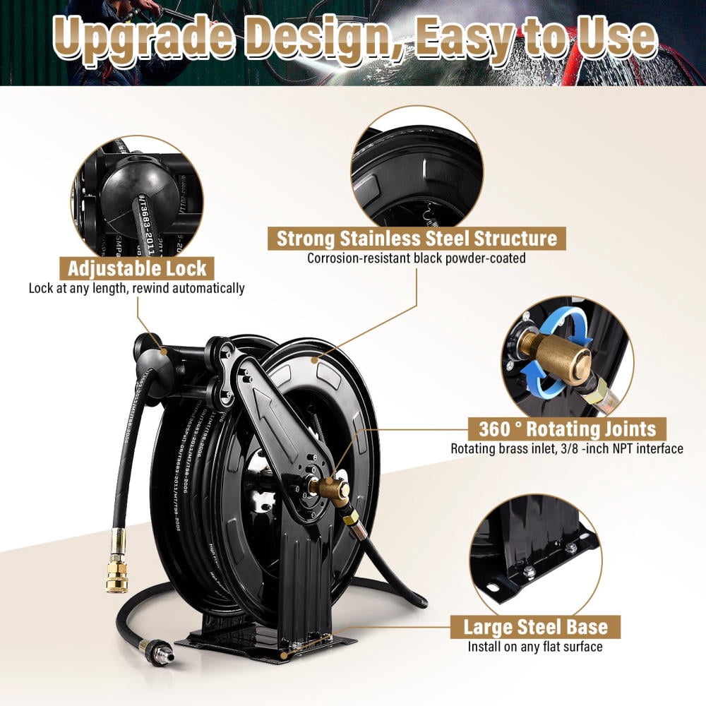 Pressure Washer Hose Reels Steel Heavy Duty Garden Hose Reel 4000 PSI with Auto Rewind Double Arm for Cleaning Automobiles Lawn Care justifiable