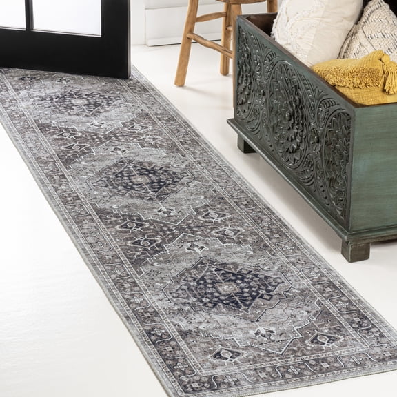JONATHAN Y WASHABLE 2 x 8 Runner Rug, Alacati Ogee Medallion - Dark Gray/Light Gray, WSH103E-28