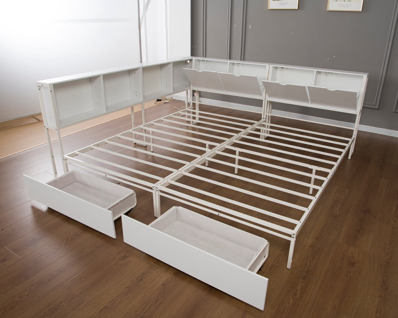 2 x Twin Size Metal Platform Bed Frame with Storage Headboard, Detachable Daybed with LED Lights, Drawers and Side Shelves