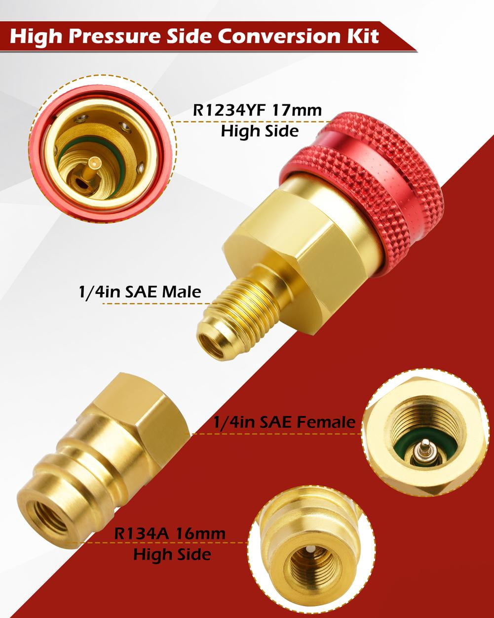R1234YF to R134A Quick Coupler Adapter Set, High & Low Side AC Charging Connectors, Brass Auto Shut Off Fittings for Car Air Conditioner Refrigerant Service Tool