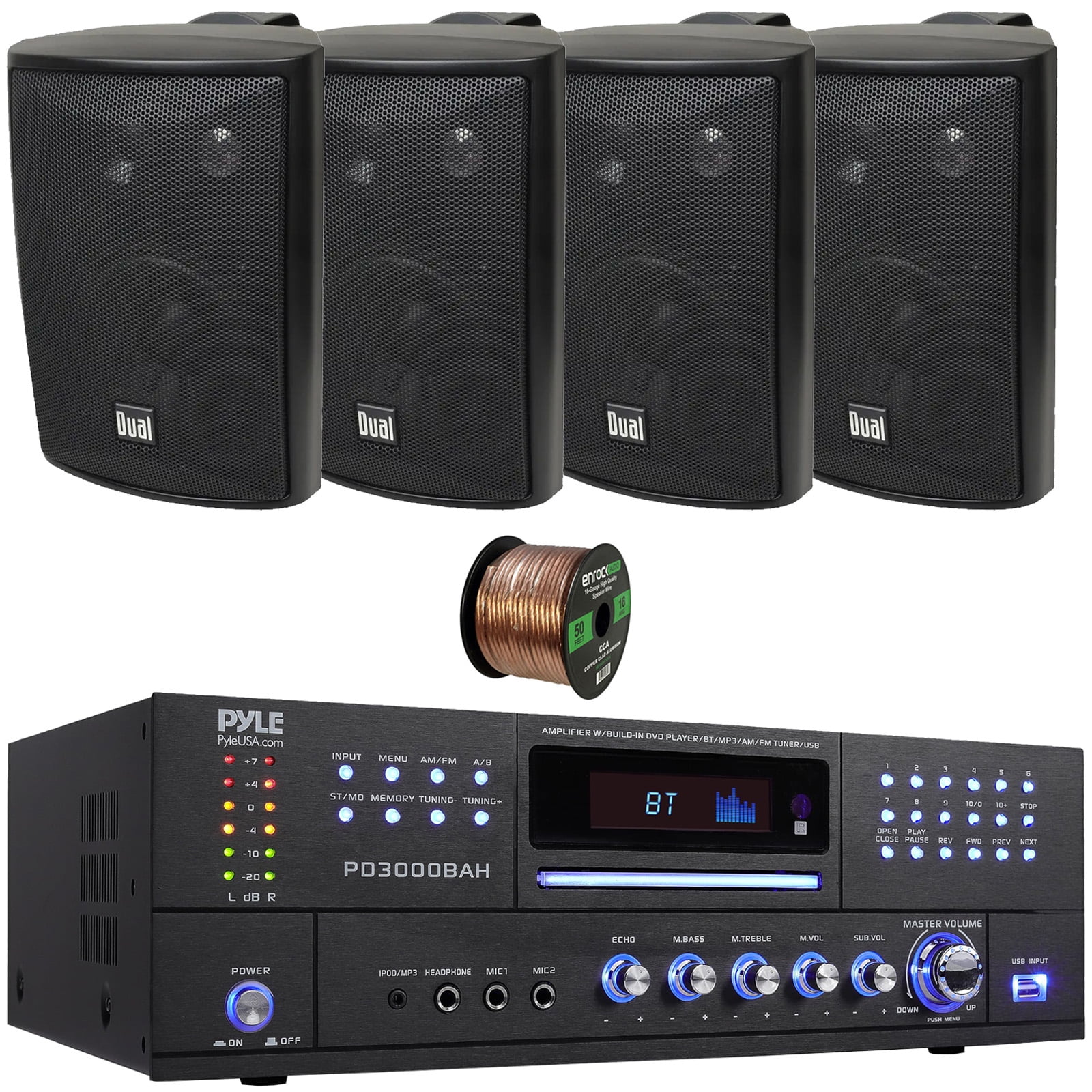 Pyle PD3000BAH 4-Channel 4000W Bluetooth Home Audio Amplifier Receiver – HDMI, USB, FM Radio, CD/DVD Player 2 Microphone, 4x 4" 200 Watts Max Power 3-Way Indoor/Outdoor Black Speakers W/50 Feet Wire