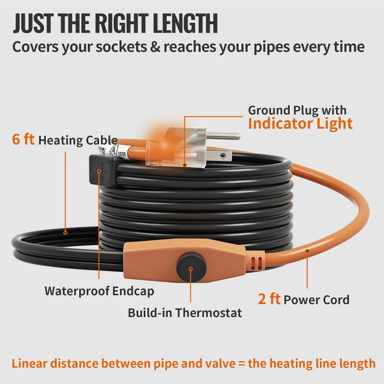 VEVOR Pipe Heating Cable, 6 Feet Heat Tape for Water Pipe, 7W/ft Water Line  Heat Tape,120V Pipe Heating Tape with Built-in Thermostat, Protects PVC  Hose, Metal and Plastic Pipe from Freezing 