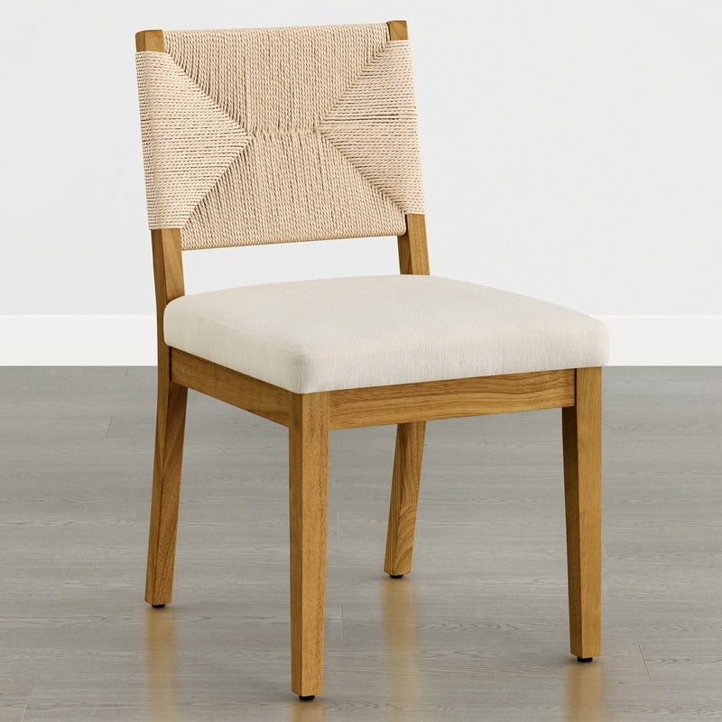 Spruce & Spring Boho Upholstered Dining Chairs Set of 2 with Handwoven Paper Rope Back for Dining Room or Kitchen, Cream Fabric, Walnut