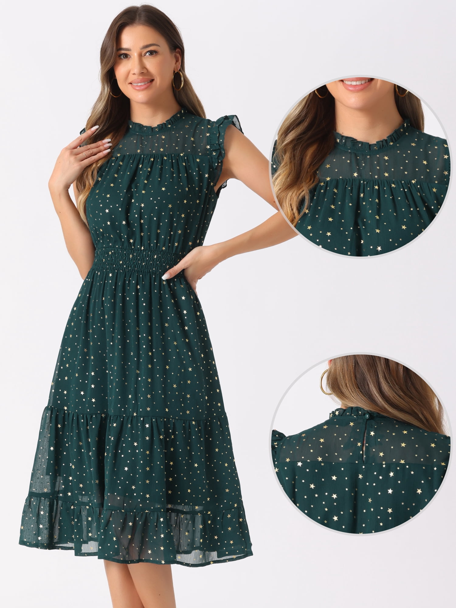 DARING DIVA Women's Gilding Metallic Stars Chiffon Dresses XS Dark Green