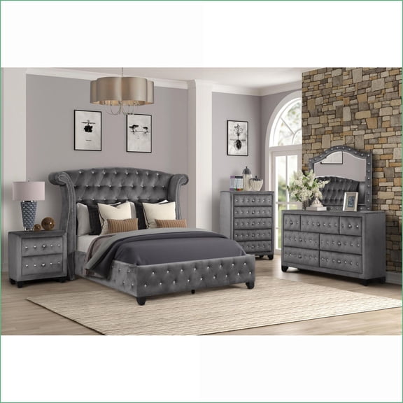 Bedroom Furniture Set, 5 Pc King Modern Gray Wood with Crystal Tufted Headboard | Gray | Wood