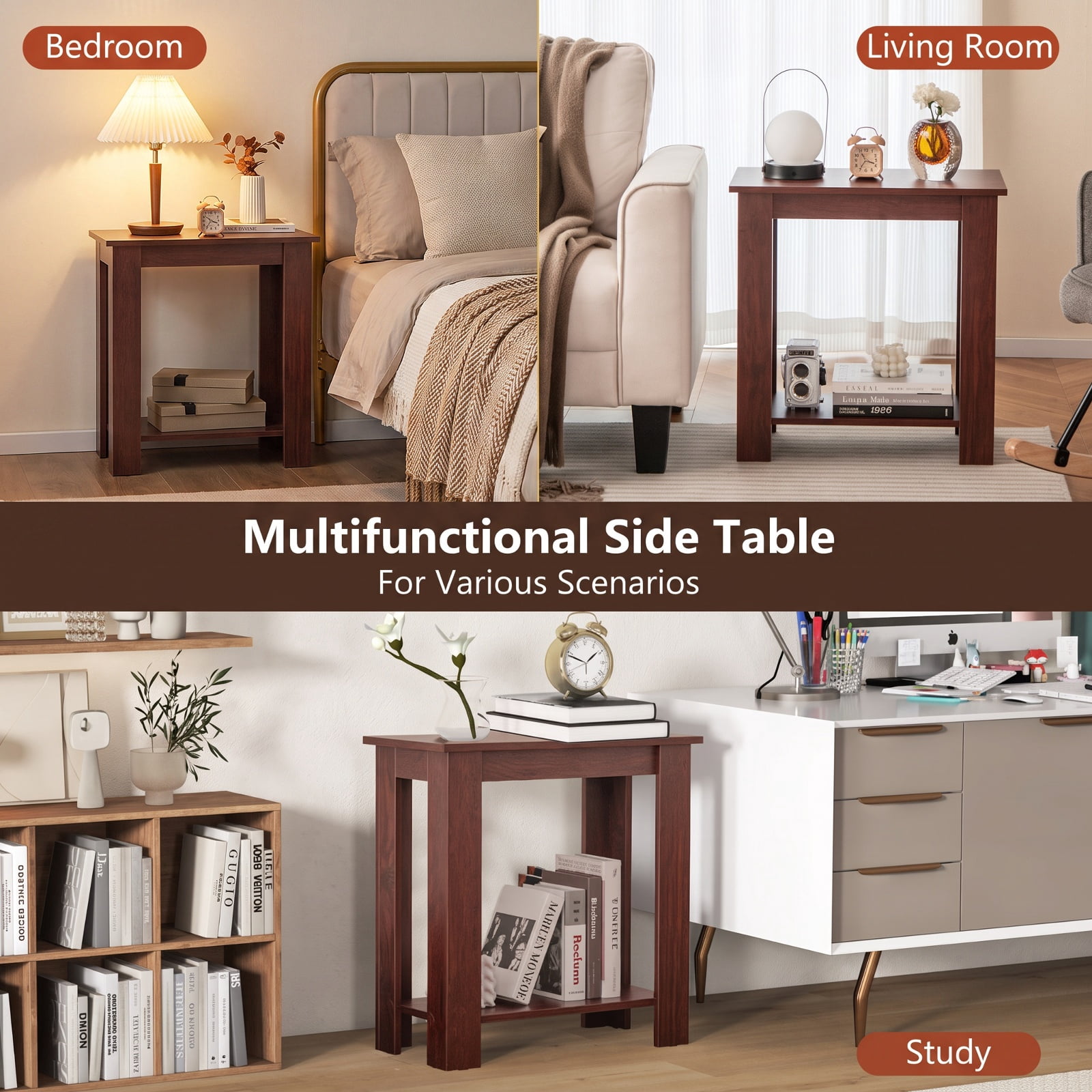 Furnibear 2 Tier Compact End Table with Storage Shelf and Non Slip Legs for Small Living Room Bedroom and Sofa Side, Brown